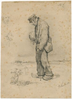 Old bent man with walking stick and bundle under his arm