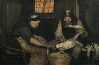 Old couple plucking gulls. Lars Gaihede and old Lene (circa 1883)