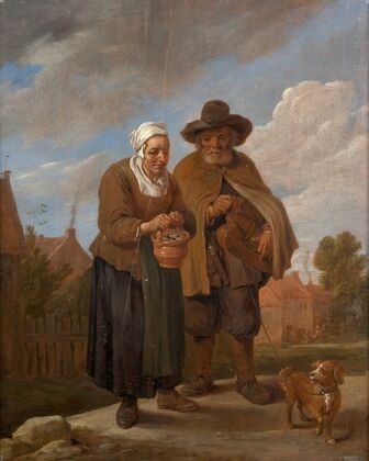 Old lady holding a brazier and hurdy-gurdy player
