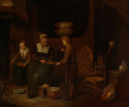 Old woman baking pancakes, with two children