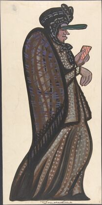 Old woman carrying a red and white checkered card