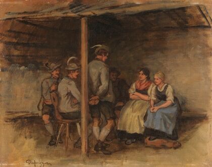 Ölstudie mit vier Burschen und zwei Dirndln in der Stube (1900)