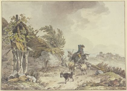 On the path next to a dilapidated hut with a thatched roof, a shepherd on horseback and a farmer’s wife with sheep and goats