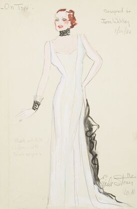 On Top: Designed for Jane Wilday. White gown with black ruffle and black collar and cuff (1934-1943)