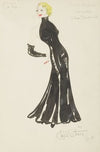 On Top: Designed for Lillian Broderick. Black evening gown with high neck and no shoulders (1934-1943)
