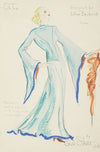 On Top: Designed for Lillian Broderick. Blue gown with trailing sleeves and orange scarf (1934-1943)