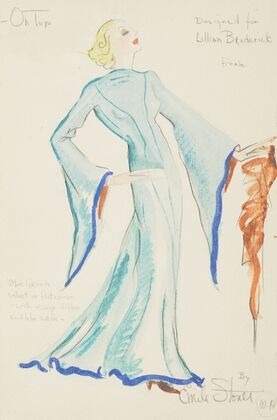 On Top: Designed for Lillian Broderick. Blue gown with trailing sleeves and orange scarf (1934-1943)