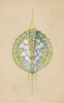 Ontwerp voor een hanger met bloemtakken van de witte wisteria, van geëmailleerd goud