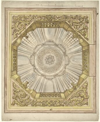 Ontwerp voor een plafondschildering met illusionistische koepelgewelf waarin een roset