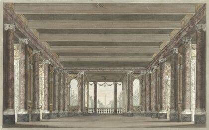 Ontwerp voor een toneeldecor van een zuilengalerij met loggia