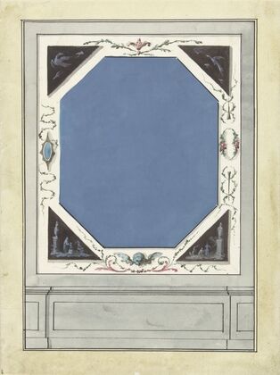 Ontwerp voor kamerversiering met een paneel met centraal een blauwe achthoek