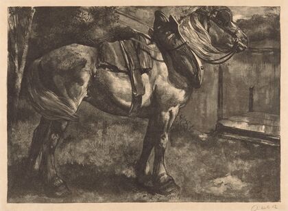 Opgetuigd paard op een oever (1902)