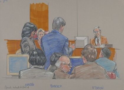 Oprah Winfrey standing as her attorney, Charles Babcock, questions plaintiff Bill O’Brien on the witness stand while the judge and others in the courtroom look on
