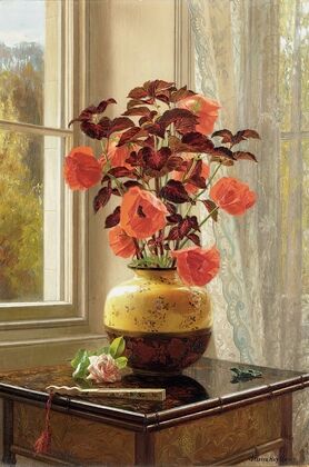 Oriental Poppy and Coleus in a Cloisonné vase
