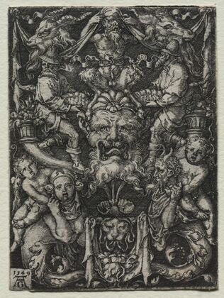 Ornament Design with a Mask, A Couple of Tritons, and Two Children Below (1549)