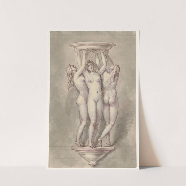 Ornament van de drie gratieën met schaal, op een console