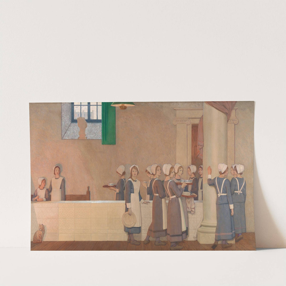 Orphan Girls in the Refectory of a Hospital, Proceeding to Their Place at the Table (1915) by Frederick Cayley Robinson