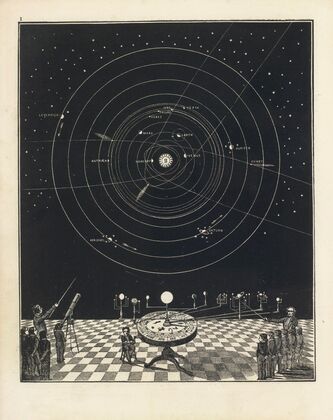 Orrery, with a view of the Solar System in the back ground