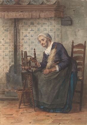 Oude vrouw in interieur aan spinnewiel