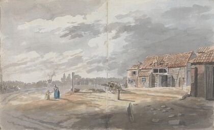Outbuildings with figures
