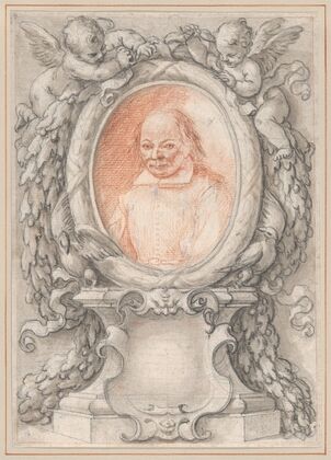 Oval Portrait of a Man in an Elaborate Frame with a Cartouche