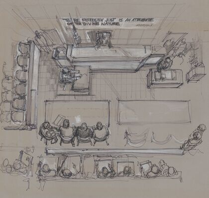 Overhead view of courtroom at New York State Supreme Court, Brooklyn.
