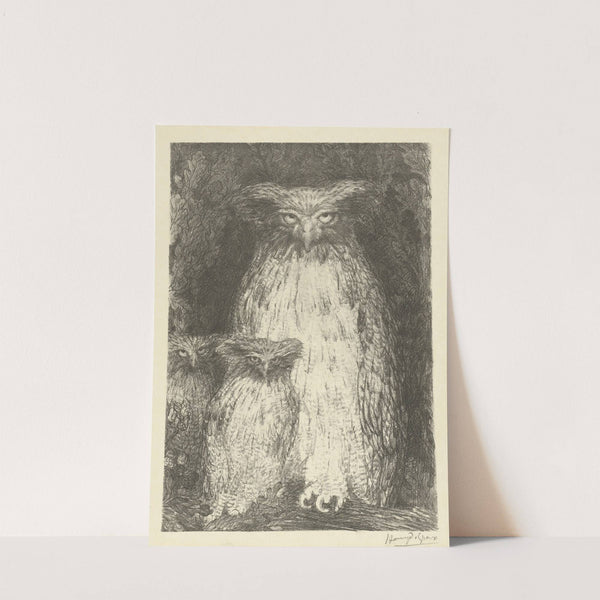 Owl with two owlets sitting on branch (1895) by Henry de Groux