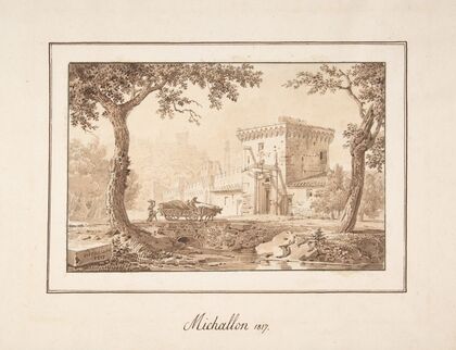 Oxcart Approaching a Fortified Building