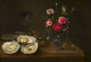 Oysters and vase of flowers on an entablature