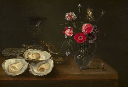 Oysters and vase of flowers on an entablature