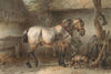 Paard en hond in een stal