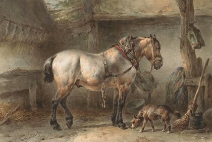 Paard en hond in een stal