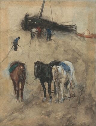 Paarden op het strand, op de achtergrond een schuit en vissers — size preview