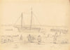 Packet boat grounded for tarring beside wharf–Men and wagon in foreground