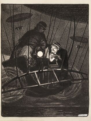 Pairs of men fly at night in dirigibles. (1905)