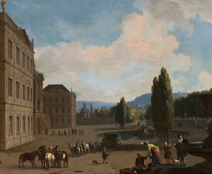 Palace courtyard with a fountains, a carriage and people