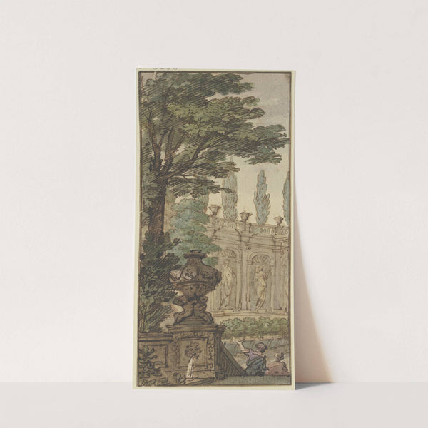 Panneau, im Vordergrund eine Vase, im Hintergrund ein Orangeriegebäude by Isaac de Moucheron