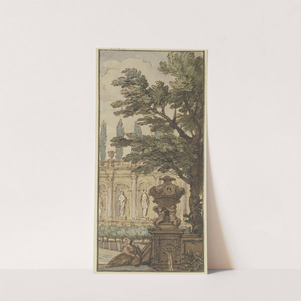 Panneau, im Vordergrund eine Vase, im Hintergrund ein Orangeriegebäude. by Isaac de Moucheron