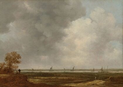 Panoramic View of a River with Low-lying Meadows