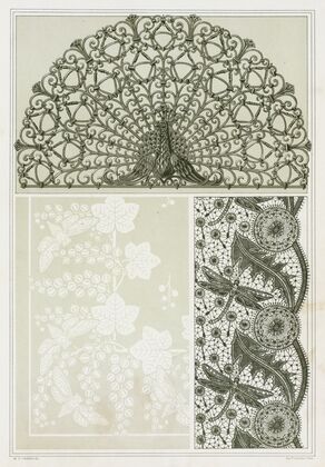Paon, grille fer forgé. Cigales et groseiller, linge damassé. Libellules et pissenlit, dentelle.