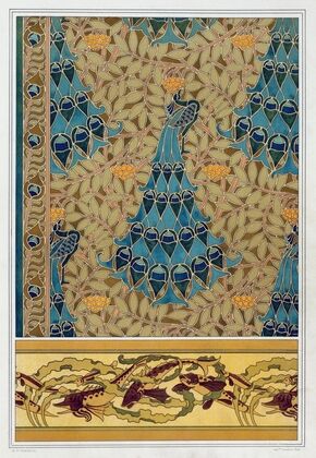 Paons dans les sorbiers, pochoir; poissons et algues, bordure