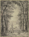 Parkanlage mit Schloß und Springbrunnen, vorne zwei Reiter und einige andere Figuren