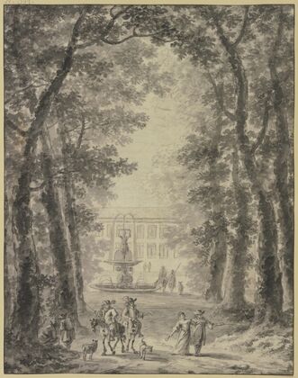 Parkanlage mit Schloß und Springbrunnen, vorne zwei Reiter und einige andere Figuren
