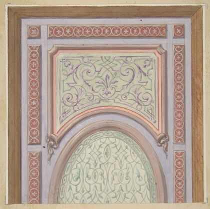 Partial design for the decoration of a ceiling with an oval panel at center (1830–97)
