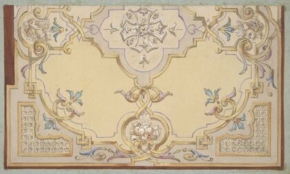 Partial design for the decoration of a ceiling with scrolls and swags of fruit