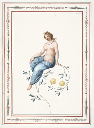 Partially nude woman sitting on flowering branch. (1783) — size preview