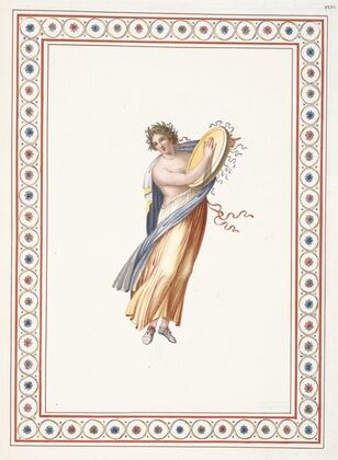 Partially nude woman wearing wreath and playing tambourine.