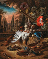 Partridges, songbirds, a duck, a gun and a quailwistle in a parkland landscape