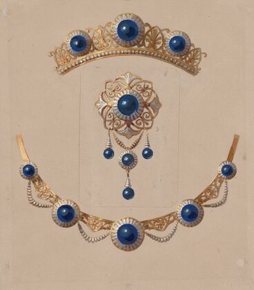 Parure of diadem, brooch and necklace with lapis lazuli and enamel — size preview