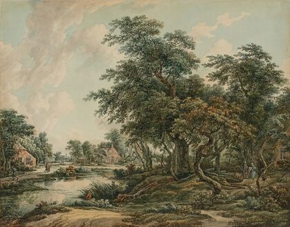 Paysage arboré avec figures et maisons au bord du rivage